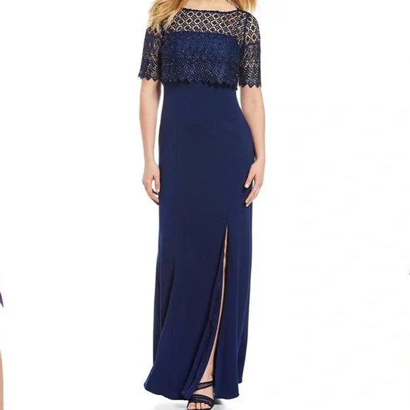 Adrianna Papell Womens Plus Long Crepe Evening Dress Navy 18W